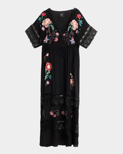 Johnny Was Amapola Embroidered Lace-trim Maxi Dress In Black