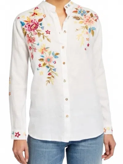 Johnny Was Amara Floral Embroidered Mandarin Collar Long Sleeve Shirt In White