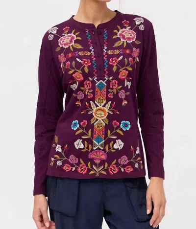 Johnny Was Anaya Raw Seam Henley Button Down In Aubergine In Purple