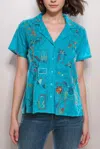Johnny Was Andreia Copper Button Up Blouse In Lake Blue In Blue