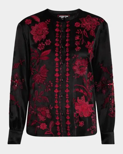 Johnny Was Annalina Sequin Floral-embroidered Shirt In Black