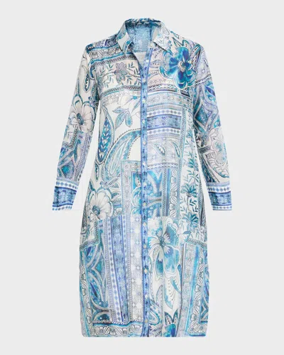 Johnny Was Athene Relaxed Cotton-silk Shirtdress In Blue