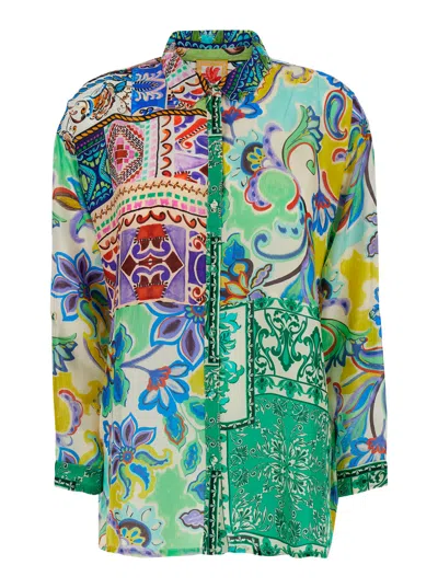 Johnny Was Audery Tunic Silk Shirt With All-over Floral Motif In Green
