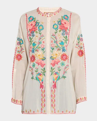 Johnny Was Audrey Embroidered Mandarin-collar Shirt In Neutral