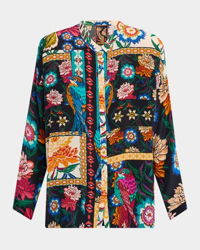 Johnny Was Audrey Oversized Floral-print Silk Shirt In Multi