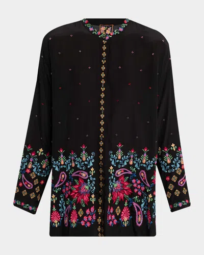 Johnny Was Audrey Paisley-embroidered Silk Shirt In Black
