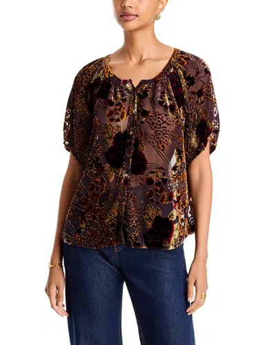 Johnny Was Avah Flocked Puffed Sleeve Blouse In Brown