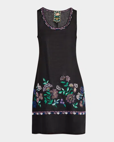 Johnny Was Beaded Floral-embroidered Linen Tank Dress In Black