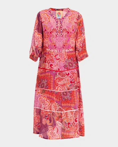 Johnny Was Beaded Floral-print Midi Dress In Red