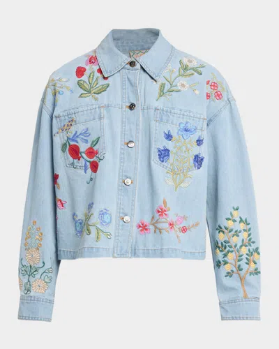 Johnny Was Beatrix Floral-embroidered Cotton Denim Jacket In Blue