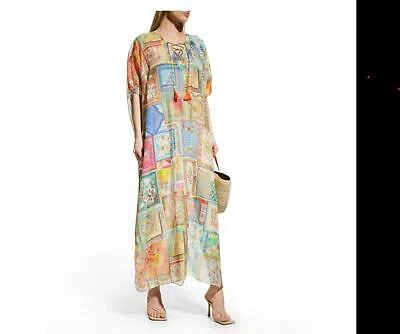 Pre-owned Johnny Was Bella Cape Sleeve Lace Up Maxi Kaftan Dress For Women - Size S/m In Multicolor