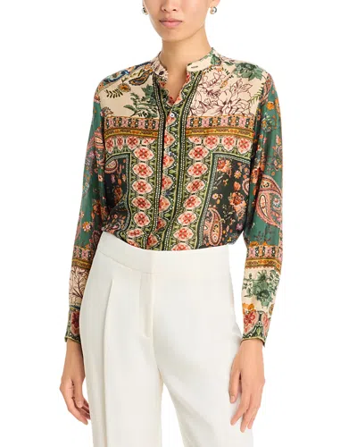 Johnny Was Bingley Silk Mandarin Collar Blouse In Gray