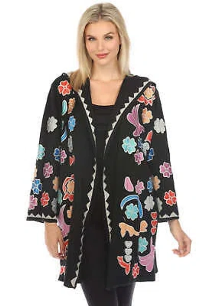 Pre-owned Johnny Was Biya Black Daisy Appliqué Hooded Cardigan Sweater Boho Chic B55724 In Multicolor