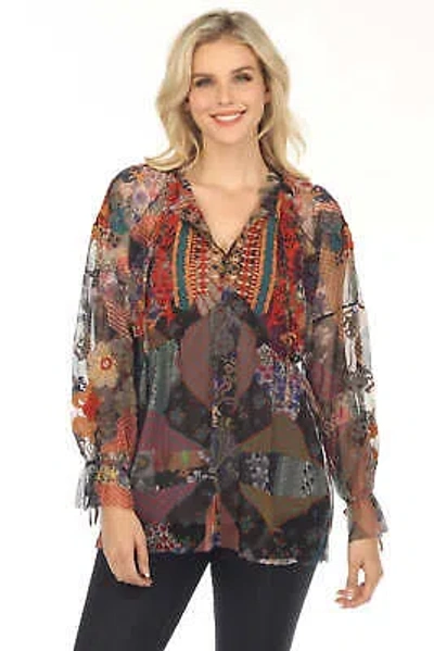 Pre-owned Johnny Was Biya Ilyana Mesh Embroidered Blouse Boho Chic B11323 In Multicolor