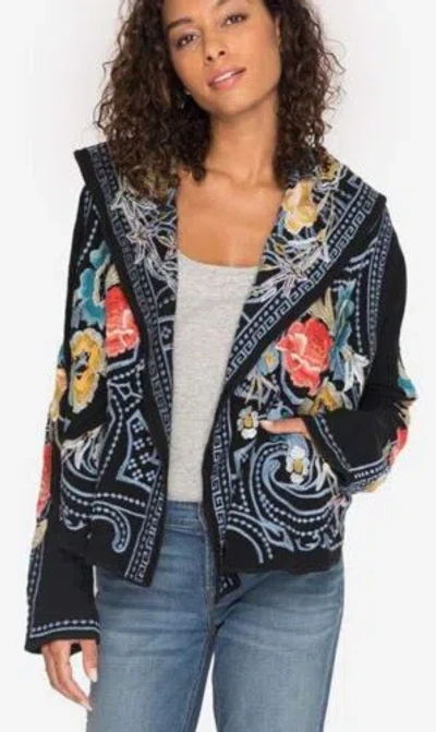 Pre-owned Johnny Was Biya Nessava Hooded Embroidered Cardigan Black Size Xs $418