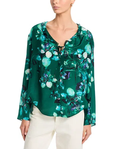 Johnny Was Bonsall Ruffled Long Sleeve Silk Blouse In Green