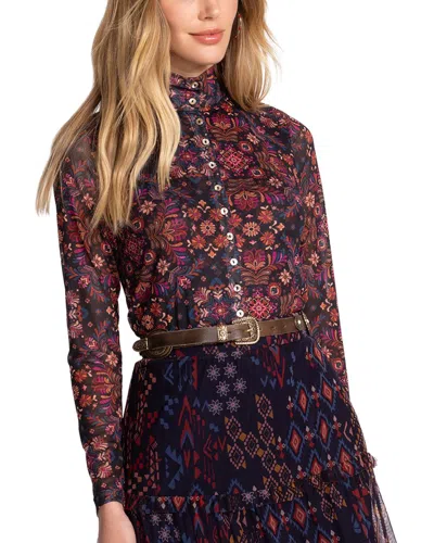 Johnny Was Mesh Button Up Mock Neck Top In Brandi In Multi