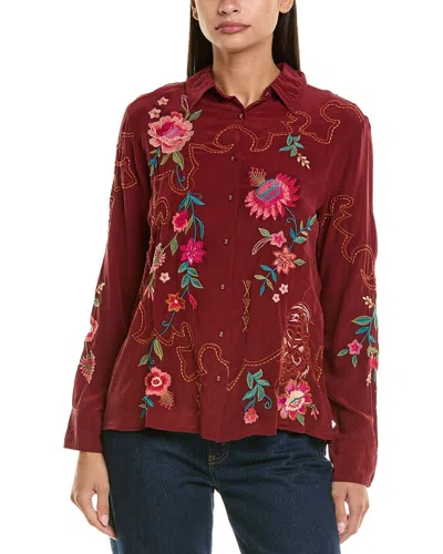 Johnny Was Button-down Silk Shirt In Burgundy