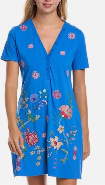 Johnny Was Button Neck Knit Dress In Blue