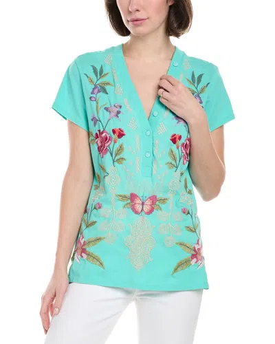 Johnny Was Button Neck Knit T-shirt In Blue