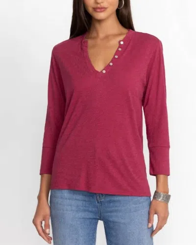 Johnny Was Button V Neck Tee In Cerise In Burgundy