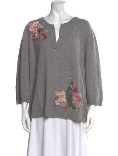 Pre-owned Johnny Was Cashmere Floral Print Sweater In Gray