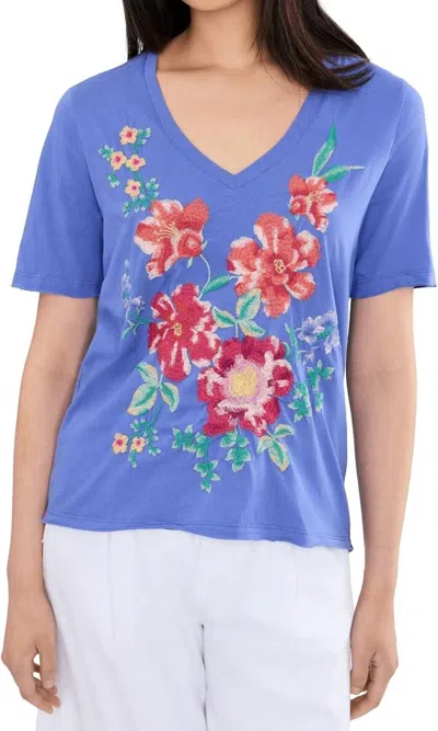 Johnny Was Celiora Raw Hem V‑neck Tee In Baja Blue In Multi