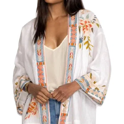 Johnny Was Ceretti Cropped Linen Kimono With Embroidered Detail In White