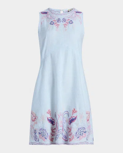 Johnny Was Chevron Cleolia Embroidered Linen-blend Mini Dress In Blue Slub