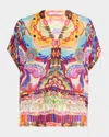 Johnny Was Cillia Geometric Floral-print Silk Blouse In Multi