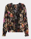 Johnny Was Claudia Ruffle Floral-print Silk Blouse In Multi