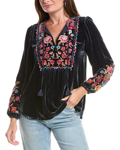 Johnny Was Curved Hem Prairie Silk-blend Blouse In Black