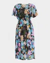 Johnny Was Damaris Floral-print Silk Midi Dress In Blue