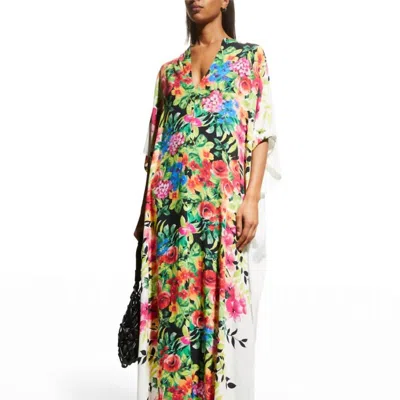 Johnny Was Dana Swim Cover-up Side Slit Pullover Kaftan Maxi Dress In Multi In White