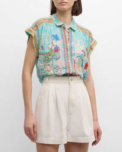 Johnny Was Dionne Embroidered Floral-print Blouse In Waterscape
