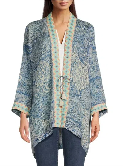 Johnny Was Dolce Embroidered Cupro-woven Kimono In Denim Print In Blue