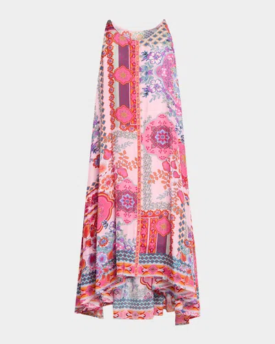 Johnny Was Dornaz High-low Patchwork Silk Midi Dress In Pink