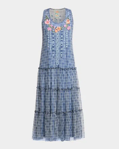 Johnny Was Dorotea Embroidered Mesh Midi Dress In Blue