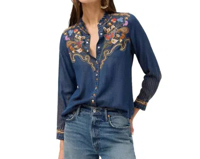 Johnny Was Durago Ruffle Neck Shirt In Denim Blue