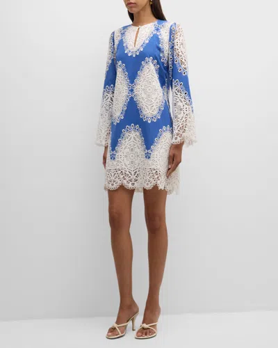 Johnny Was Elandra Scalloped Lace-inset Shift Dress In Baleine Blue