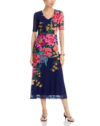 Johnny Was Elbow Sleeve V Neck Mesh Midi Dress In Blue