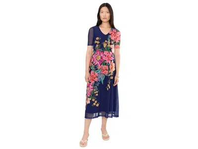 Johnny Was Elbow Sleeve V Neck Mesh Midi Dress In Blue