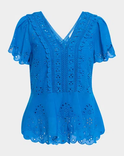 Johnny Was Elizabeth Eyelet-embroidered Peplum Blouse In Blue