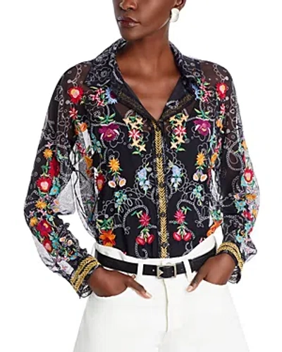 JOHNNY WAS EMBROIDERED BUTTON FRONT MESH SHIRT