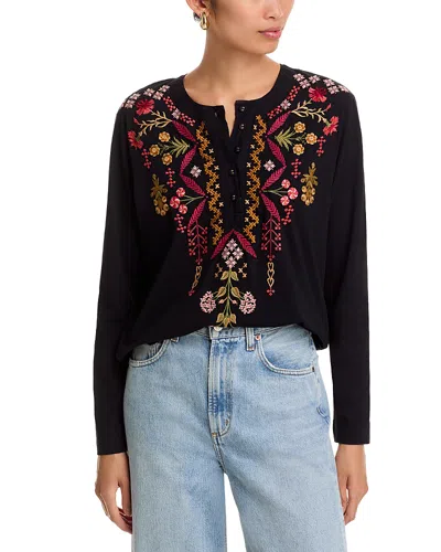 Johnny Was Embroidered Henley Tee In Black