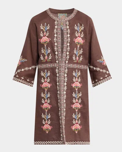 Johnny Was Embroidered Linen Jacket In Brown