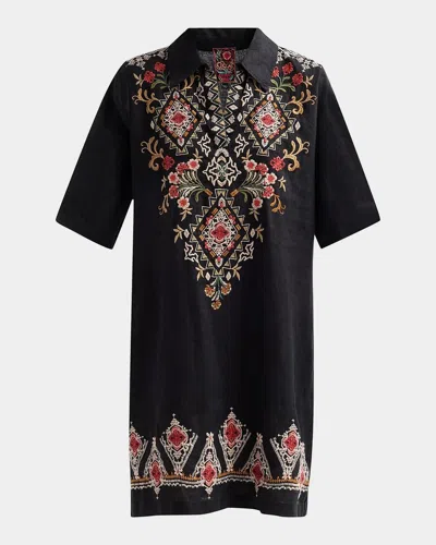 Johnny Was Embroidered Linen Mini Shift Dress In Black