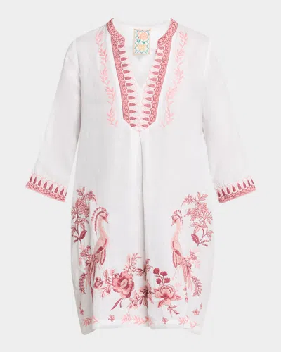 Johnny Was Embroidered Linen Mini Shift Dress In White