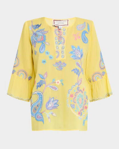 Johnny Was Embroidered Ruffle Bell-sleeve Blouse In Soft Citron
