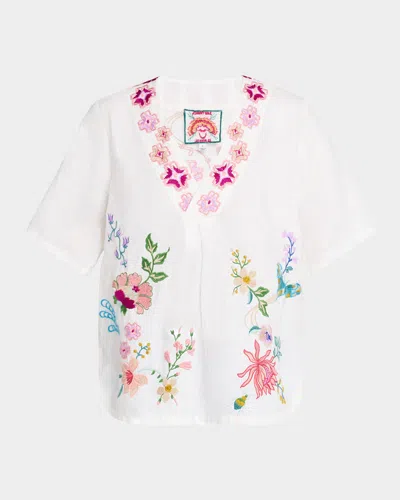 Johnny Was Embroidered V-neck Linen Blouse In White
